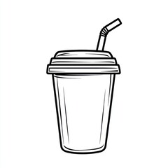 Wall Mural - Simple black and white outline of a disposable coffee cup with straw, likely for a beverage design, or a coloring book page