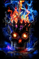 Wall Mural - Skull emerges in abstract surrealism creepy with fire and swirling smoke. Dark Fantasy Skull Crown with Flames and Smoke Effects