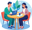 © MDSIAM - Partners meeting for business discussion with documents and laptop on desk. Couple at round table, speaking, discussing work, partnership. Flat vector on a white background