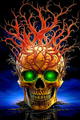 Wall Mural - Skull emerges in abstract surrealism creepy with fire and swirling smoke. Skull with Vivid Red Branches and Glowing Green Eyes