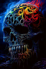 Wall Mural - Skull emerges in abstract surrealism creepy with fire and swirling smoke. Vibrant Abstract Skull with Colorful Flame Design