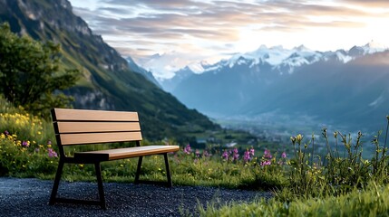 Wall Mural - Scenic mountain view with a wooden bench surrounded by flowers at sunset, peaceful atmosphere