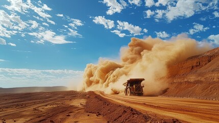 Aufkleber - A large mining truck drives along a dirt road in an arid landscape, creating a significant dust cloud against a backdrop of a blue sky with scattered clouds.
