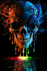 Wall Mural - Skull emerges in abstract surrealism creepy with fire and swirling smoke. Vibrant Skull with Melting Colors and Ethereal Background