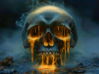 Wall Mural - Skull emerges in abstract surrealism creepy with fire and swirling smoke. Distorted Skull with Golden Liquid Dripping in Dark Atmosphere