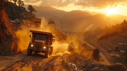 Aufkleber - Workers operate large mining trucks on a steep mountain road as the sun sets in the background. Dust clouds rise, illustrating the intensity of the extraction process in a natural setting.
