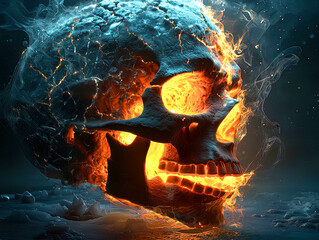 Wall Mural - Skull emerges in abstract surrealism creepy with fire and swirling smoke. Brightly Lit Skull Surrounded by Ethereal Smoke and Flames