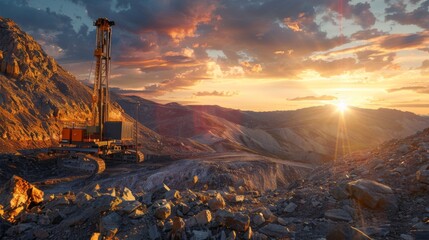 Aufkleber - Heavy machinery is positioned on a rocky mining site as the sun sets, casting warm light over the rugged terrain and highlighting the dramatic sky with colorful clouds.