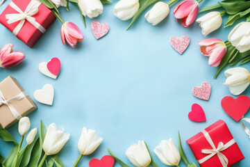 8 march concept with different flowers and gift boxes on blue background, space for text