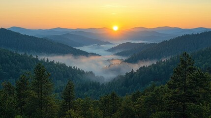  A serene sunrise over misty mountains and lush forests, capturing nature's tranquility.