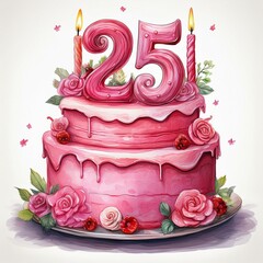 illustration of decorated pink cake for birthday or anniversary party. number 25, twenty-fifth birth