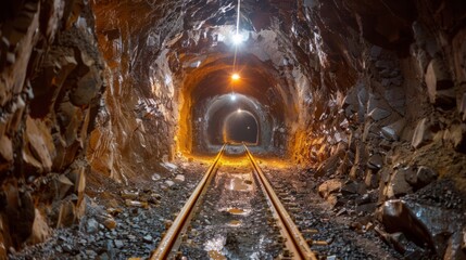 Leinwandbilder - Inside a dark underground mine, illuminated by overhead lights, train tracks stretch into the distance amidst rough stone walls and puddles, creating an atmosphere of mystery.