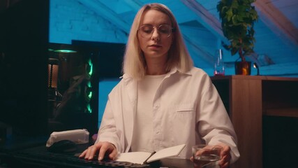 Caucasian business woman computer web programming code data crypto currency trading night late online work deadline female influencer gamer girl student businesswoman worker drink water home office