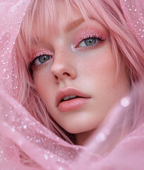 Wall Mural - Beautiful young woman with pink hair ad make-up