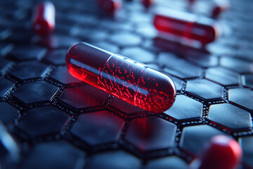 Microscopic image shows nanotechnology used for drug delivery. Nanocarrier shaped like a pill on hexagonal structure, Illustrate the use of nanotechnology in targeted drug delivery