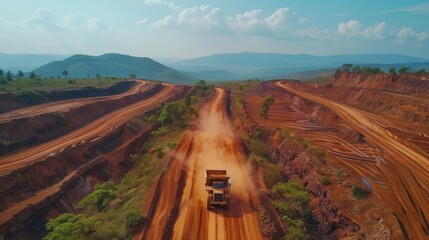 Aufkleber - A large dump truck navigates a dusty dirt road surrounded by rugged terrain and distant mountains under a clear blue sky, showcasing the landscape's natural beauty.