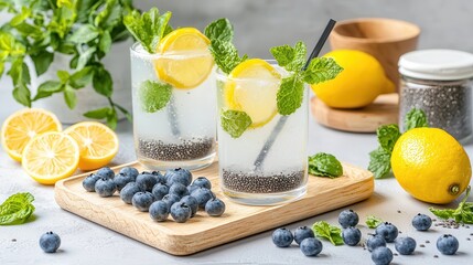 Wall Mural - Chia seed for vegan hydration. Refreshing drinks with lemon, mint, and blueberries on a wooden board.