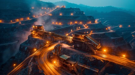 Leinwandbilder - A mining operation is illuminated in the twilight, showcasing conveyor belts and machinery against a backdrop of rugged hills and a winding road, creating a captivating industrial landscape.