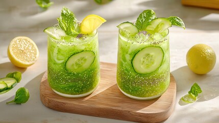 Wall Mural - Chia seed for vegan hydration. Refreshing green drinks with mint and cucumber on a wooden board.