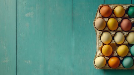 Wall Mural -   An orange and green egg holder sits beside a blue wooden table with a carton of eggs on top