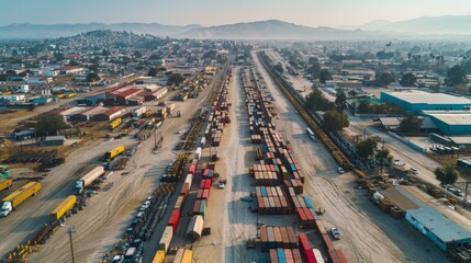 Aufkleber - A sprawling cargo terminal showcases rows of colorful shipping containers alongside parked freight trains in an expansive industrial area.
