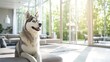 © Jersco - A well-groomed husky sitting elegantly in a modern living room, bathed in natural light from large floor-to-ceiling windows.