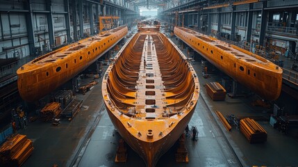 Large shipbuilding facility showcasing two vessels under construction with industrial equipment