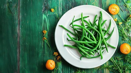 Wall Mural -   A plate of green beans and oranges on a green wooden table with a green tablecloth