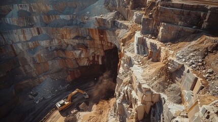Leinwandbilder - Heavy machinery is actively digging in a quarry, revealing layers of rock and soil while producing dust and debris in bright daylight. The impressive scale illustrates mining operations.