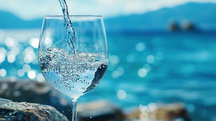 Wall Mural -   A zoomed-in image of a glass of wine pouring into a pool of water behind it