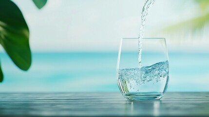 Wall Mural -   A glass of water sits atop a wooden table beside a lush green tree