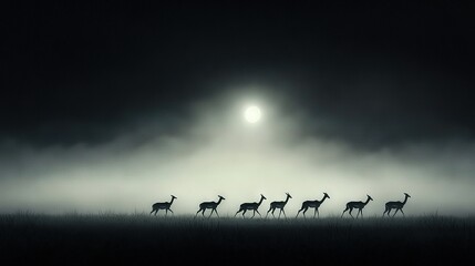 Sticker -   A foggy field full of deer under the glow of a distant full moon