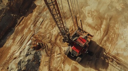 Aufkleber - A large excavator is positioned at a construction site, with tire tracks and earth visible around. Workers are preparing for upcoming construction activities under clear blue skies.