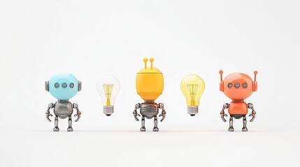 Three colorful robot characters with light bulbs, showcasing creativity and innovation in a simple studio setting