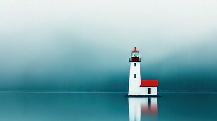 Wall Mural -   A lighthouse, white and red, sits atop a body of water's center