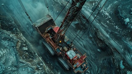 Poster - A large excavator works tirelessly in an open pit mining area, efficiently removing earth and rock while surrounded by steep walls and heavy machinery, emphasizing the scale of the operation.