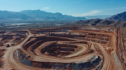 Aufkleber - Heavy machinery operates within a vast quarry situated in a mountainous area. Dirt paths wind through the site under bright sunlight, showcasing the scale of excavation.