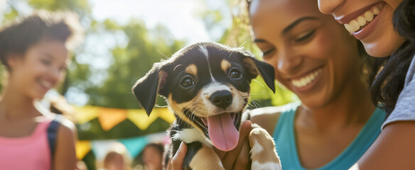 Happy women enjoying time with adorable puppy in park