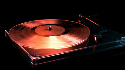 Spinning vinyl record on a turntable emitting a warm glow in a darkened room