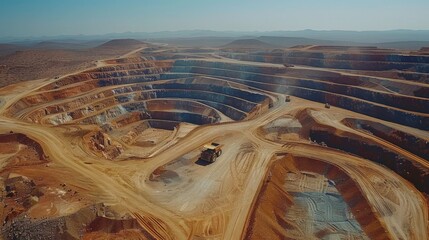 Aufkleber - Vast open pit mining area features terraced layers of soil and rock. Heavy machinery works diligently in the distance, with mountains visible far away on a sunny day.