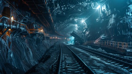 Aufkleber - Underground mining site features illuminated tracks and heavy machinery, showcasing a network of tunnels with rough rock formations and a dimly lit environment at night.