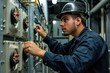 © darshika - A male technician wearing a safety helmet operates and maintains industrial control panel equipment.