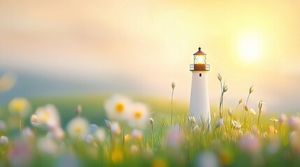 Wall Mural -   A lighthouse amidst wildflowers under the golden sun backdrop