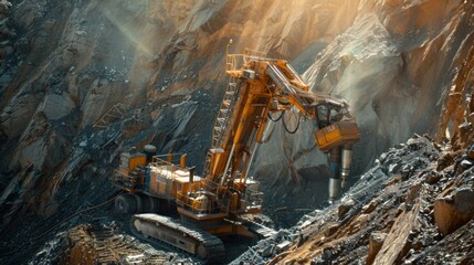 Aufkleber - A large excavator is actively digging and transporting minerals in a rocky quarry. Golden sunlight filters through the landscape, creating a dramatic effect on the scene.