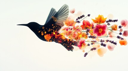 Wall Mural - a black bird carrying orange and pink flowers in its beak against a white sky backdrop