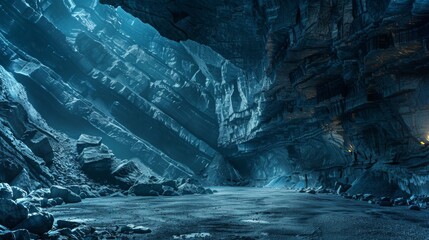 Aufkleber - An underground cavern features towering rock formations illuminated by soft light. Shadows dance across the surface, enhancing the mysterious atmosphere. The terrain is rocky and uneven.