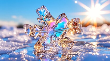 Poster - Frozen Beauty: Closeup of Snowflake Crystal on Winter Snowy Christmas Background with Blue Sky and Sunshine - Perfect for Greeting Cards and Banners!