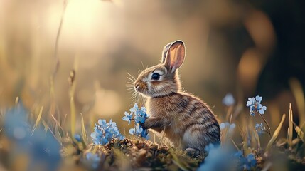 Poster -   A rabbit in a field of green grass surrounded by blue flowers and bathed in sunlight