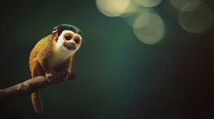 Wall Mural -  A monkey perched atop a tree branch amidst hazy background lights