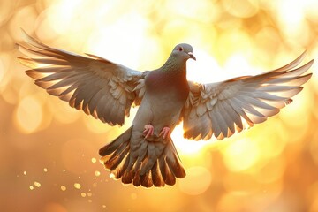 Wall Mural - a majestic pigeon in flight, wings spread wide, bathed in the golden light of sunset.